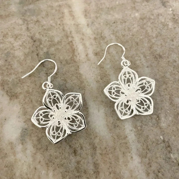 925 Sterling Silver Flower Drop Earrings Classy Flower Petal Drop Earrings - Picture 2 of 5